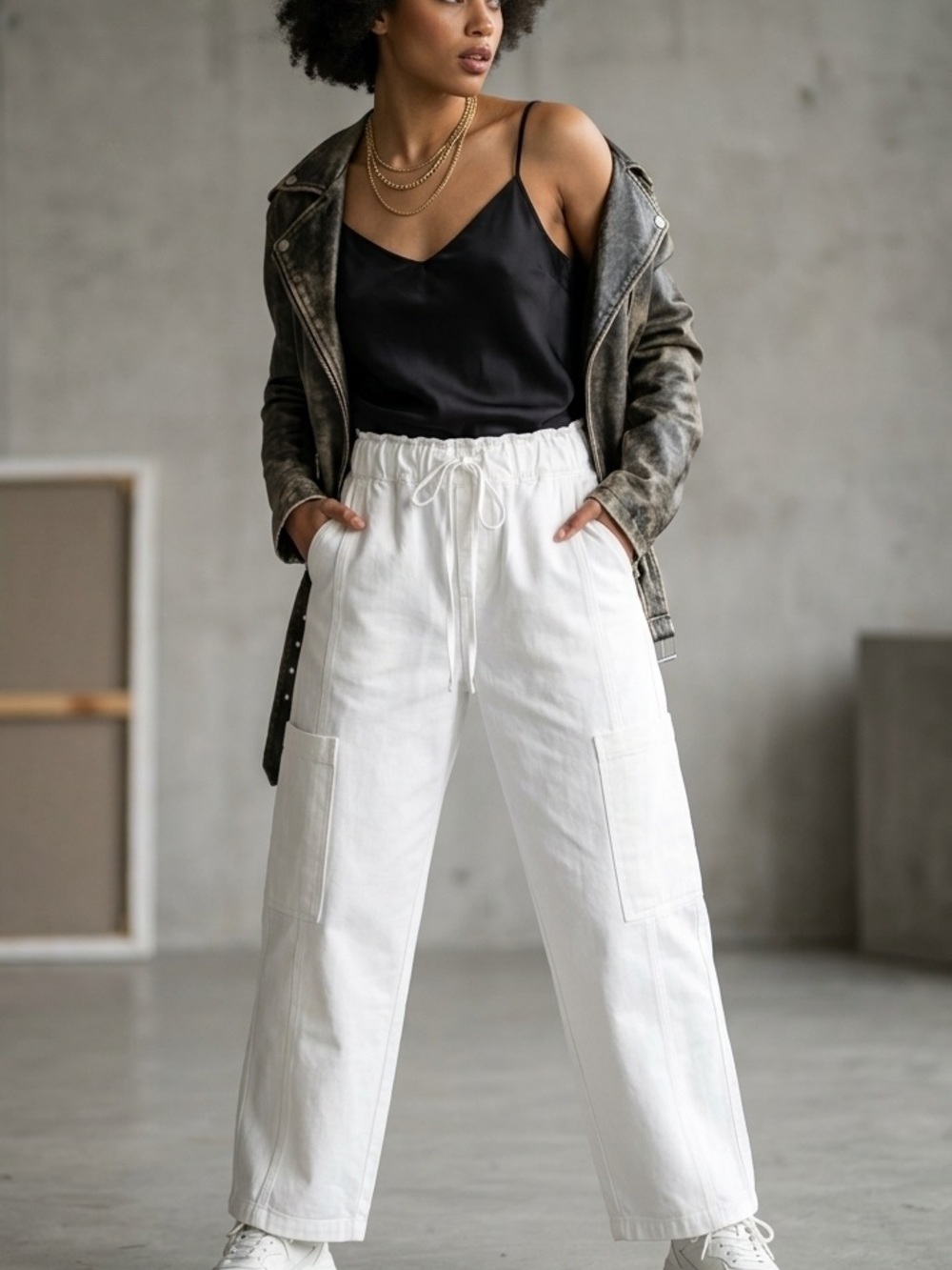 Sanctuary White Cargo Pants with Drawstring Waist